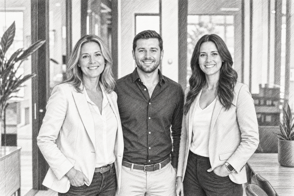 Three professionals standing together in a bright glass-walled interior.