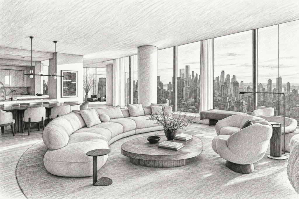 Fix The Agent Training To Production Handoff 1 Open-plan living room with a round seating area and large windows.