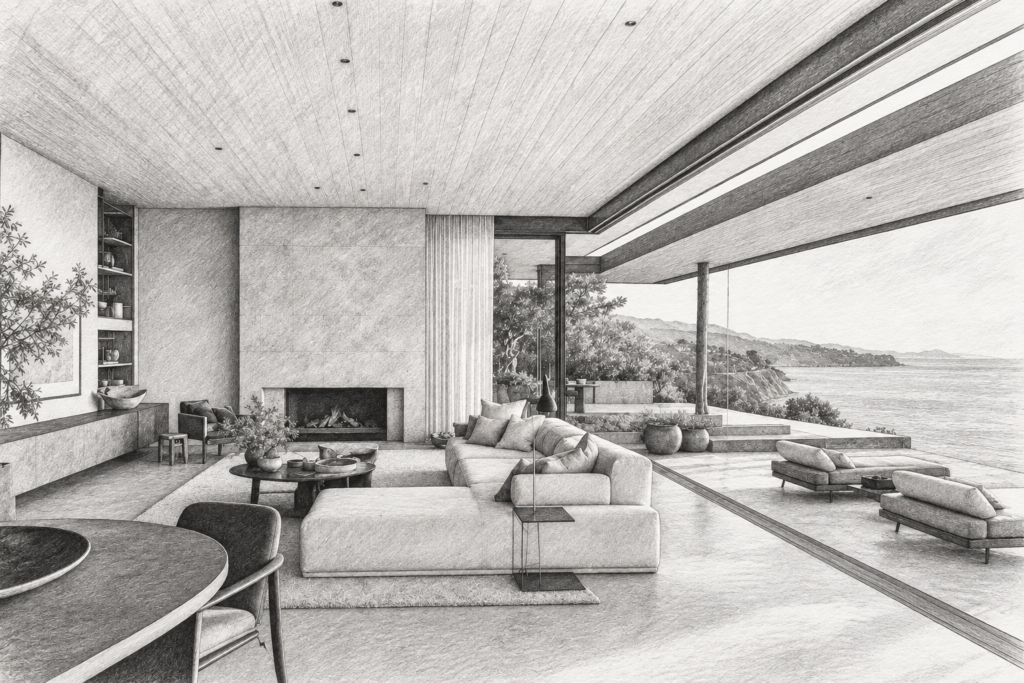 Luxury Real Estate Client Feedback Sales Strategies For Scale 1 Open living room with a fireplace, dining table and ocean view.