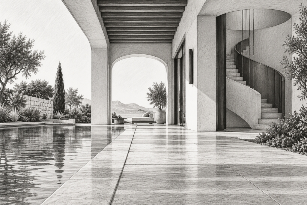 Submarket Pricing Analysis Luxury Real Estate: Opposite Moves 1 Residence with a covered loggia, courtyard pool, and curved stair.