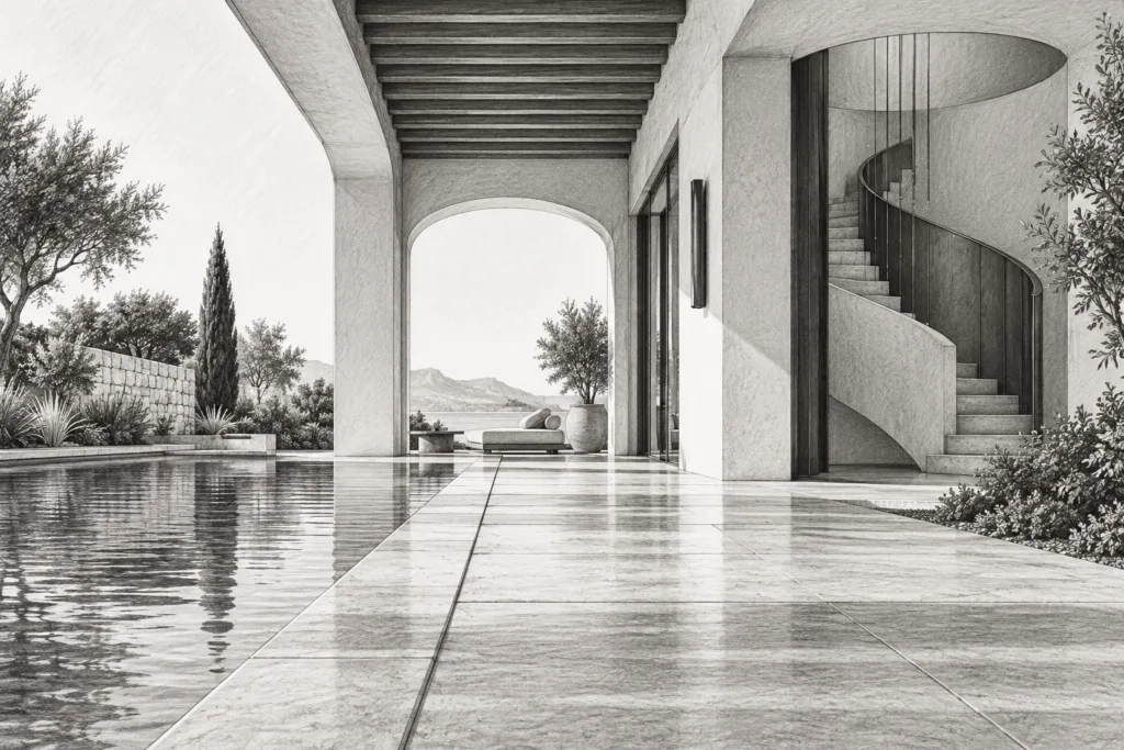 Residence with a covered loggia, courtyard pool, and curved stair.
