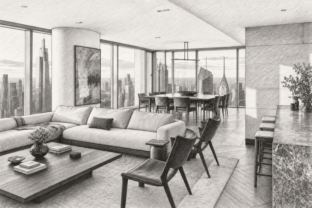 Open-plan living and dining area with city skyline.