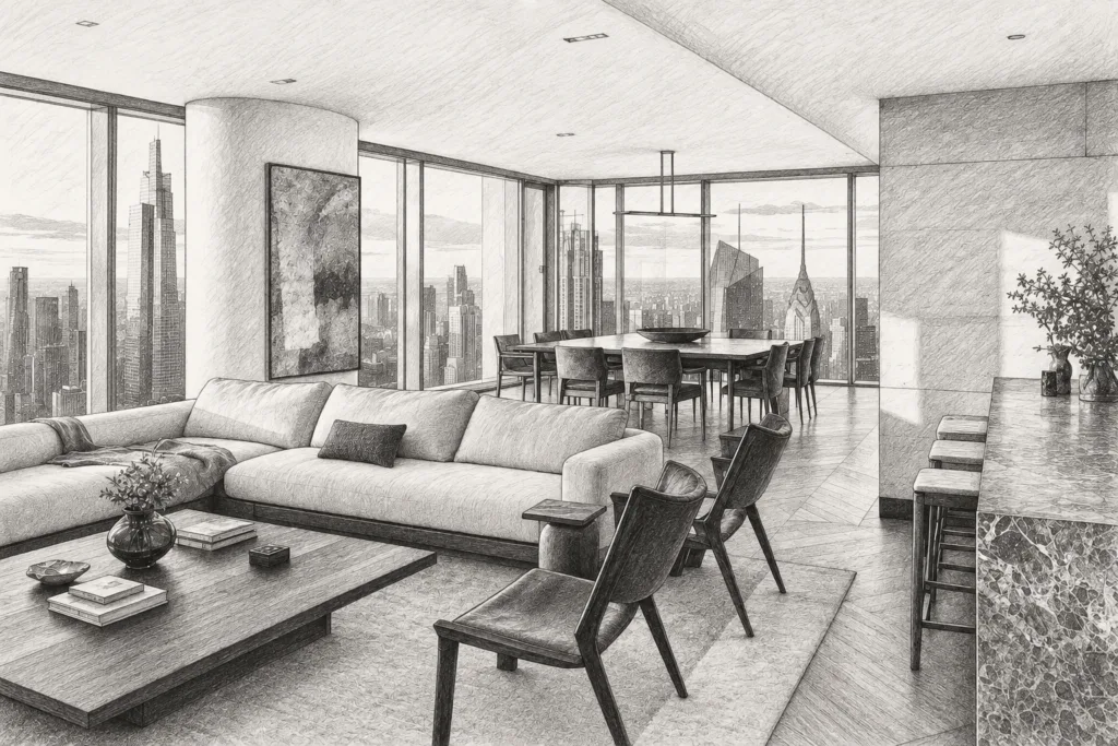 Private Wealth Buyer Brief Real Estate: Close Faster 1 Open-plan living and dining area with city skyline.