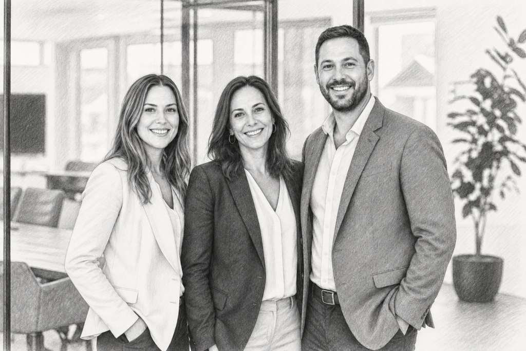 Three professionals standing together in a bright interior.