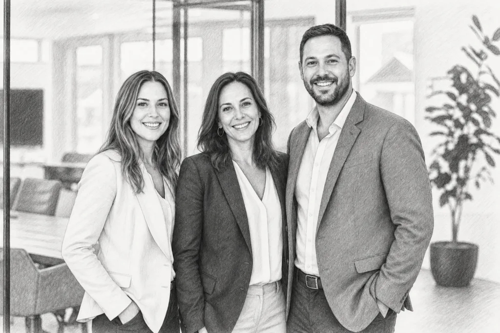 Trust Structures For Luxury Real Estate Transactions 1 Three professionals standing together in a bright interior.
