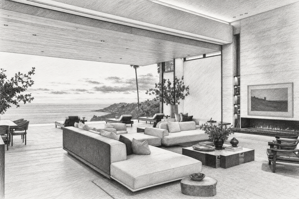 Luxury Real Estate Thought Leadership Content Strategy For Scale 1 Open living room with a low fireplace and panoramic ocean view.