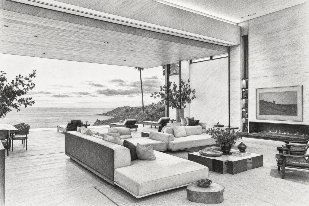 Luxury Real Estate Thought Leadership Content Strategy For Scale 1 Open living room with a low fireplace and panoramic ocean view.