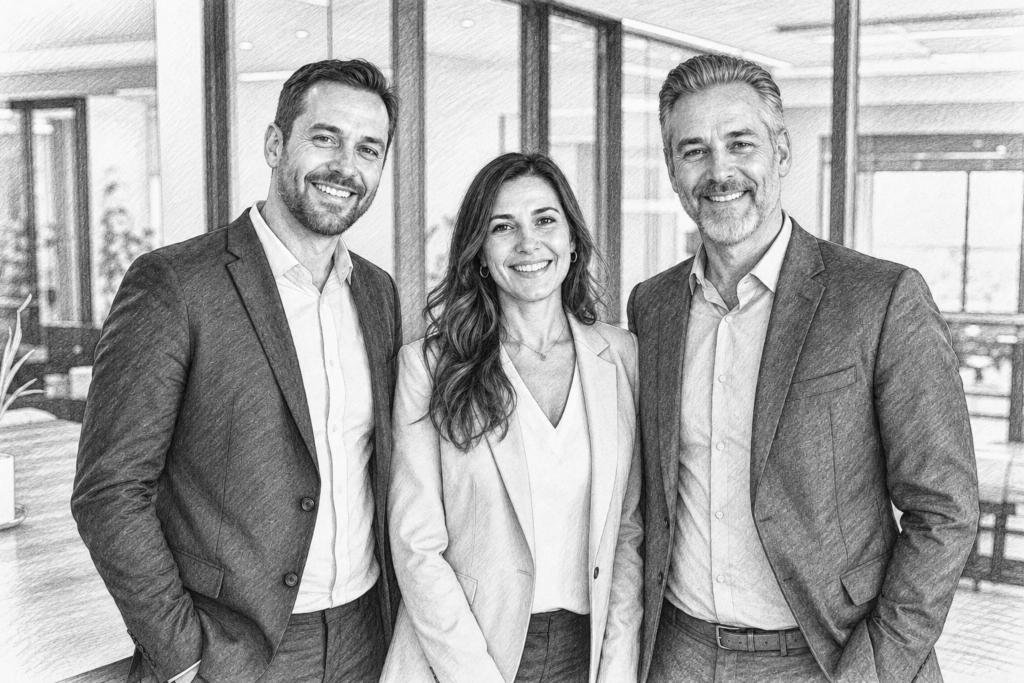 Pre-Market Buyer Service Exclusive Representation Protocol 1 Three adults standing together in a bright interior.