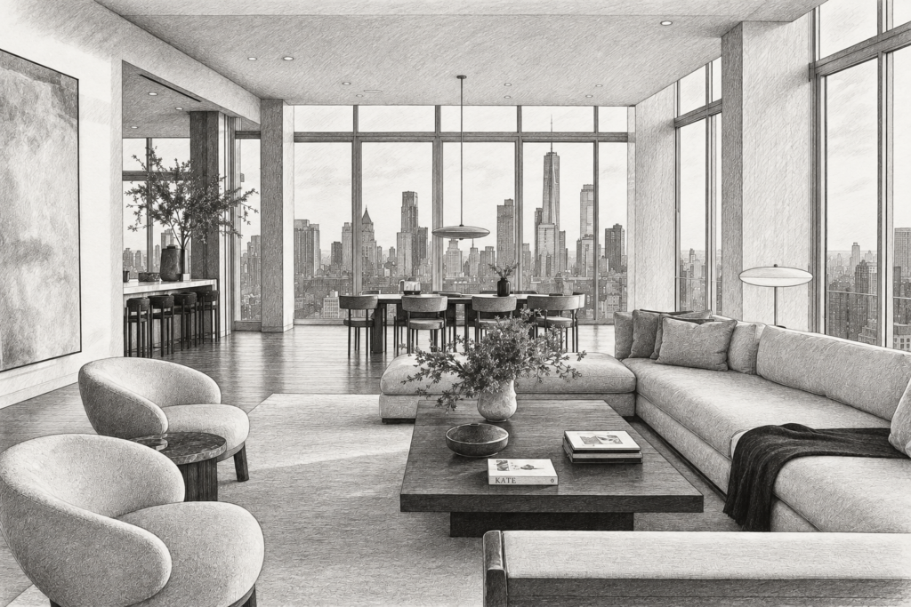 Real Estate Team Accountability That Protects Profit 1 Open-plan living room with city skyline.