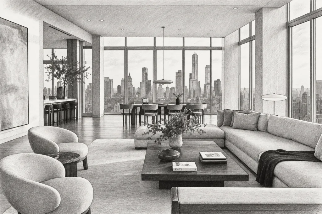 Real Estate Team Accountability That Protects Profit 1 Open-plan living room with city skyline.