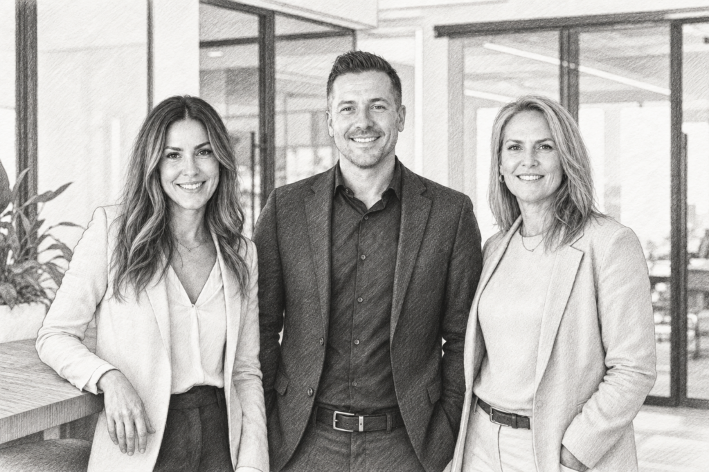 Friday Review Real Estate Production: Stop Drift 1 Three professionals standing together in a bright glass-walled interior.