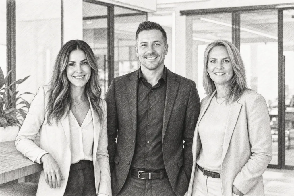 Three professionals standing together in a bright glass-walled interior.