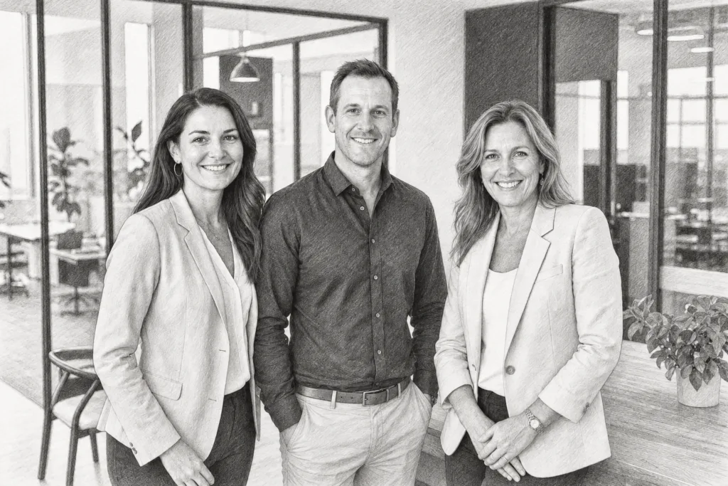 Three adults posing together in a bright interior.