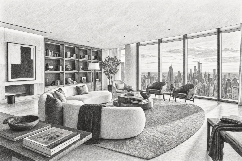 Open living room with a fireplace and city skyline beyond broad glazing.
