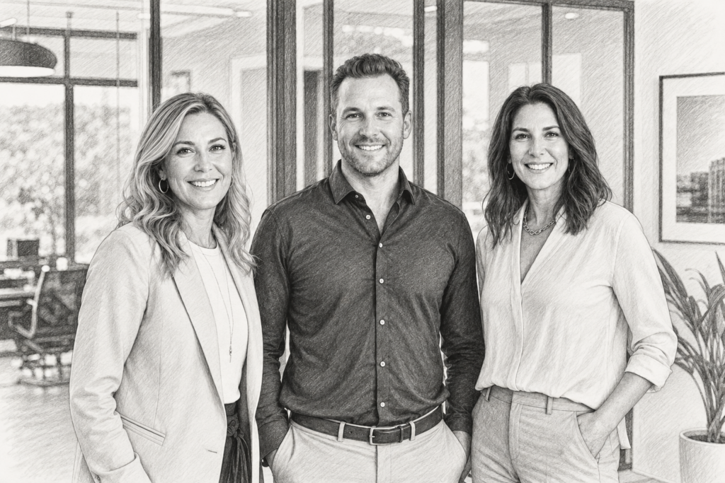 Build A Sellable Real Estate Business Beyond The Rainmaker 1 Three adults standing together in a bright interior.
