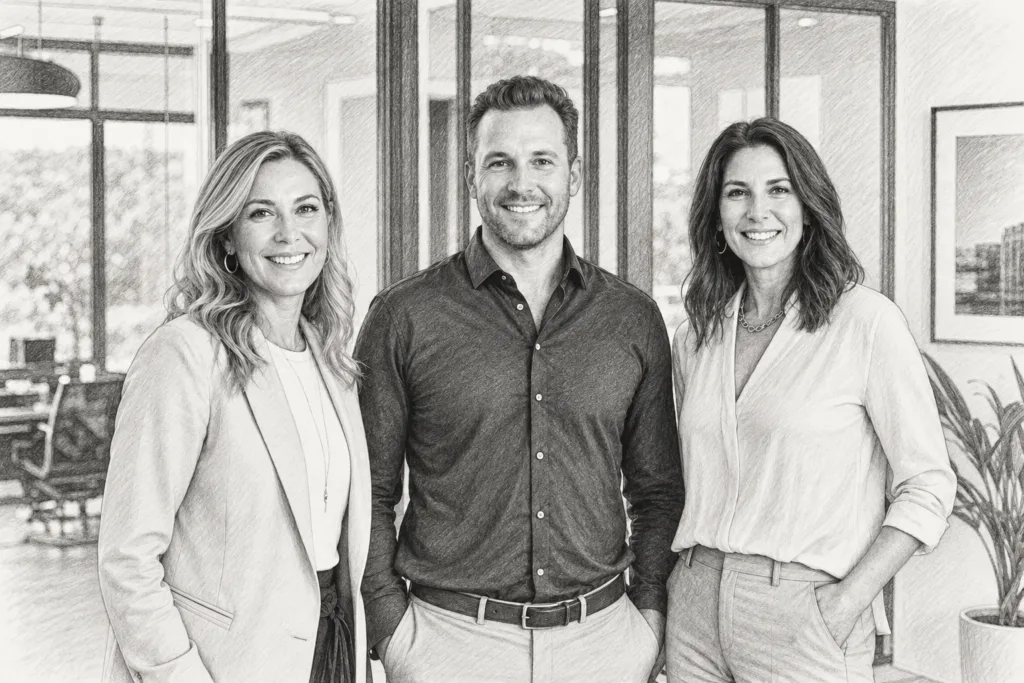 Three adults standing together in a bright interior.