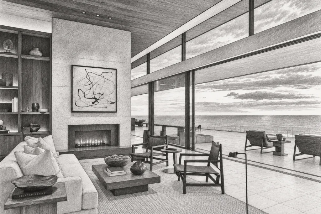 Asymmetric Time Blocking For Luxury Real Estate Agents 1 Open-plan living room with fireplace and water view.