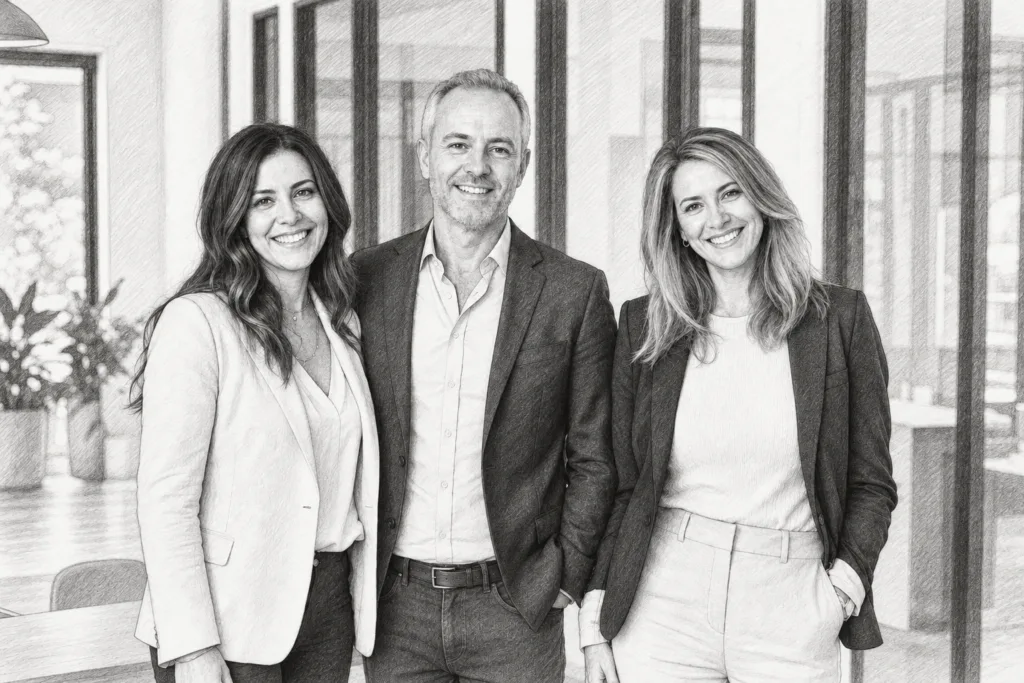 Luxury Pre-Foreclosure Acquisition Strategy For Buyer Networks 1 Three adults standing together in a bright interior.