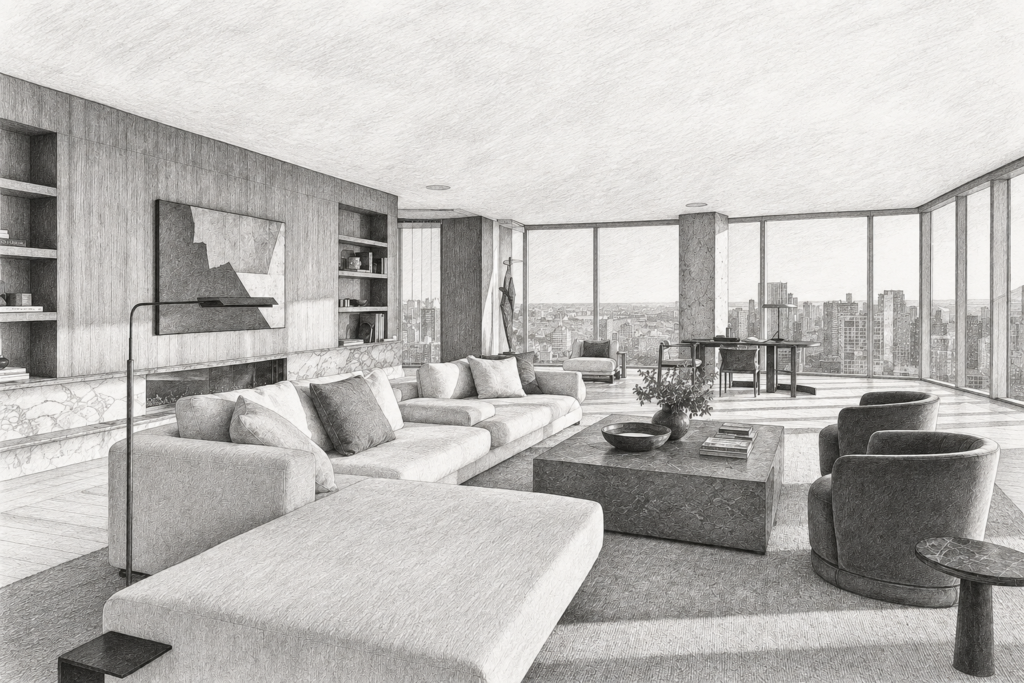 Open living room with sofas and coffee tables beside a city view.