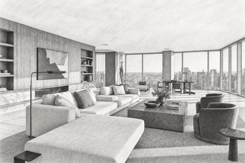 Luxury Real Estate Team Hiring Scorecard: Score Over Charisma 1 Open living room with sofas and coffee tables beside a city view.