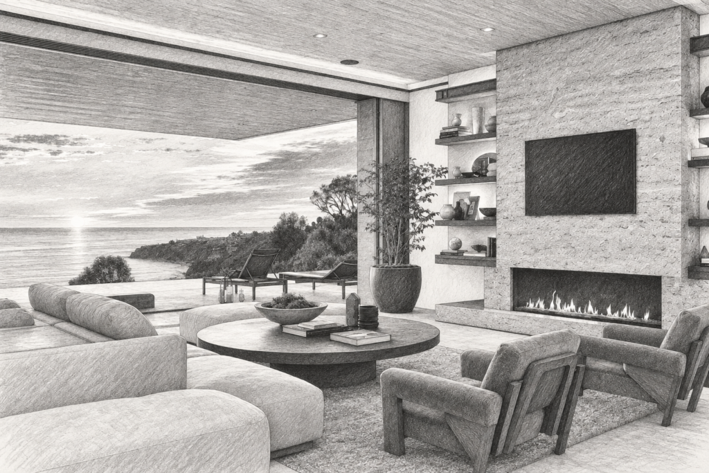 Open living room with a fireplace and ocean view.