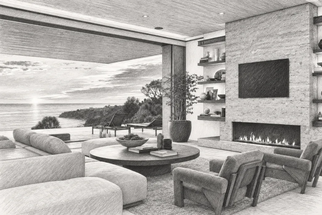 Agile Innovation Process For Real Estate Teams: 72-Hour Sprint 1 Open living room with a fireplace and ocean view.