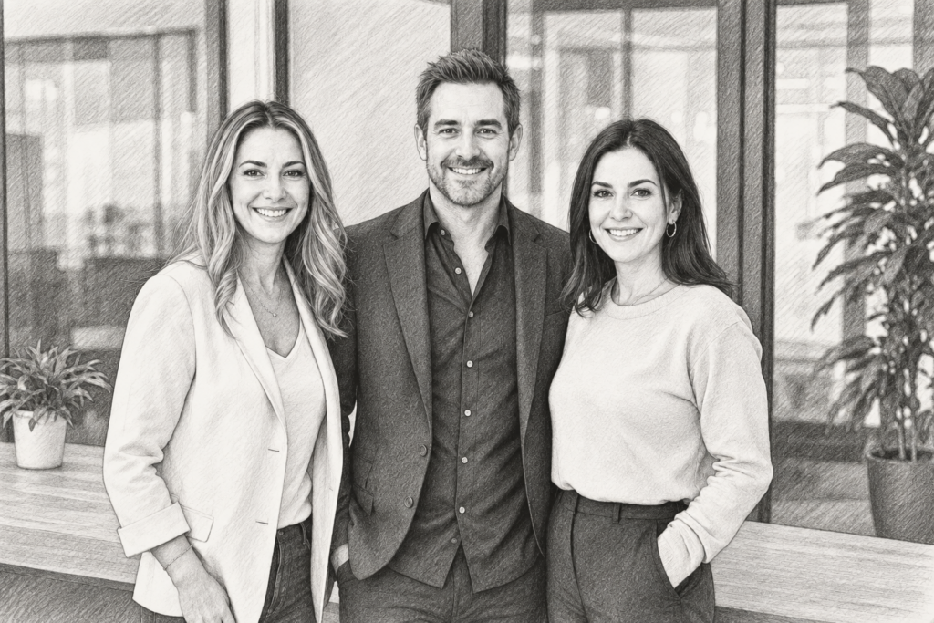 Three adults standing together indoors.