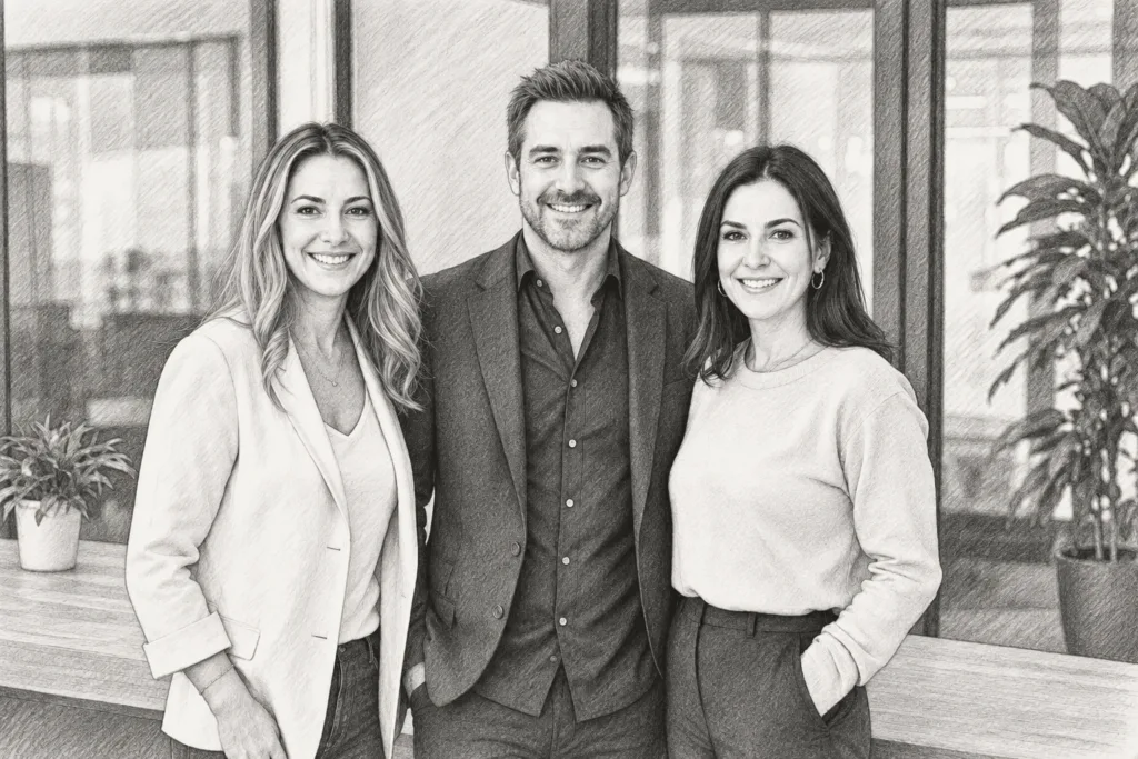 Three adults standing together indoors.