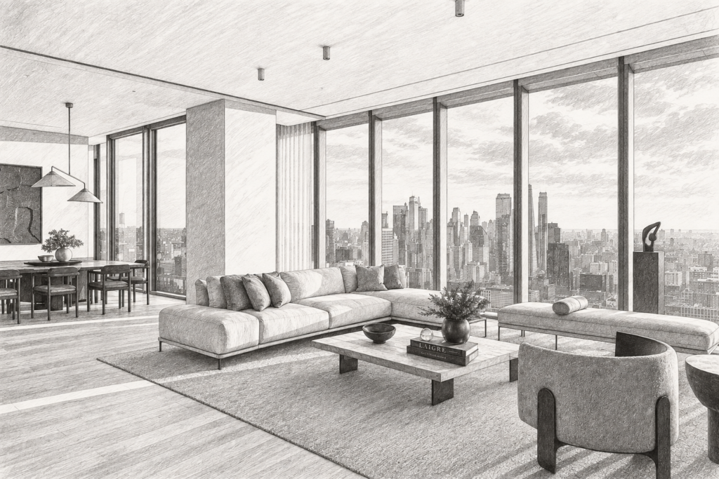 Prune Real Estate Team Before Scaling Luxury: Cut First 1 Open-plan living room with city skyline through glass walls.