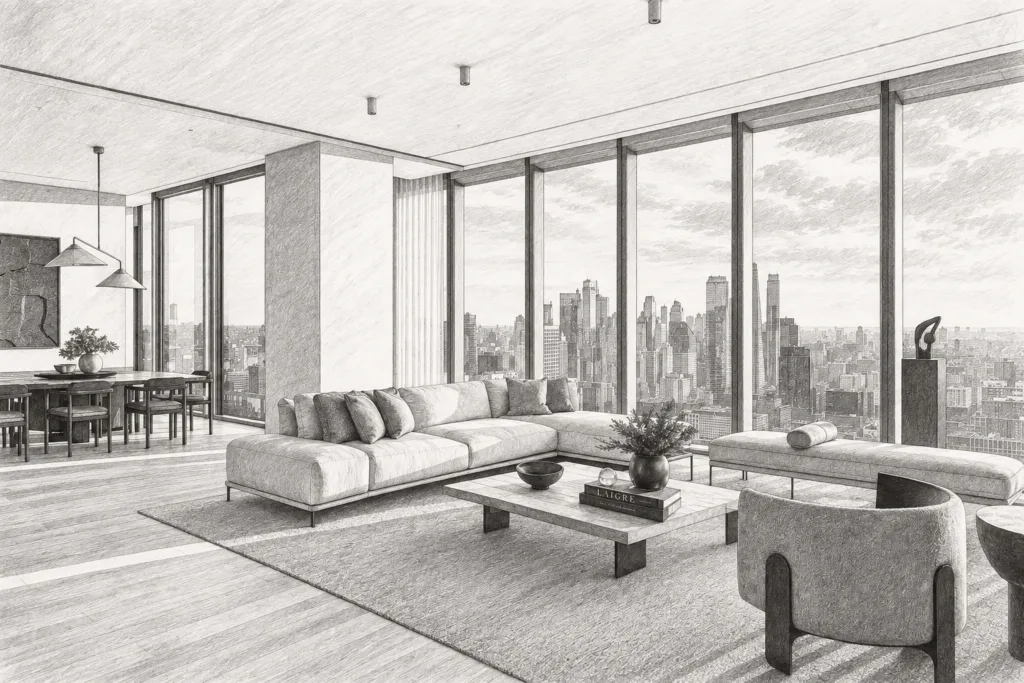Open-plan living room with city skyline through glass walls.