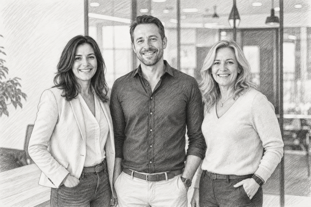 Luxury Multi-Agent Listing Pitch Strategy: Win More Listings 1 Three professionals standing together in a bright glass-walled interior.