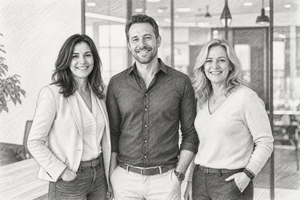 Three professionals standing together in a bright glass-walled interior.