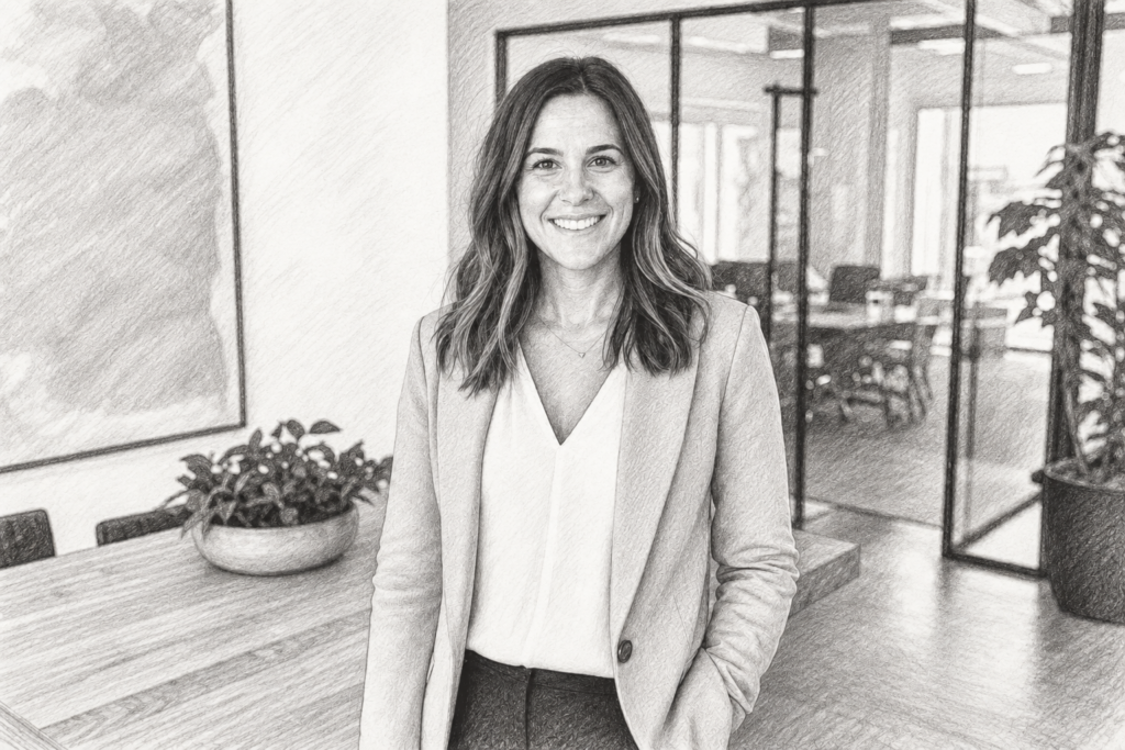 Smiling woman standing in a bright interior.