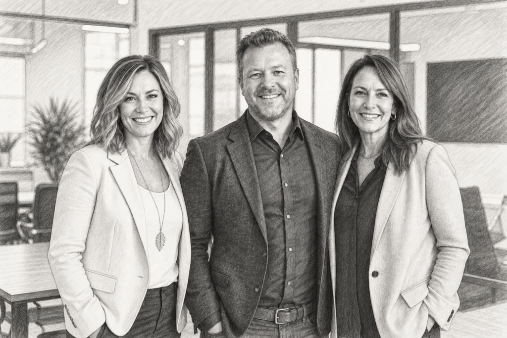 Lender-Owned Luxury Inventory Strategy For Elite Agents 1 Three adults standing together indoors.