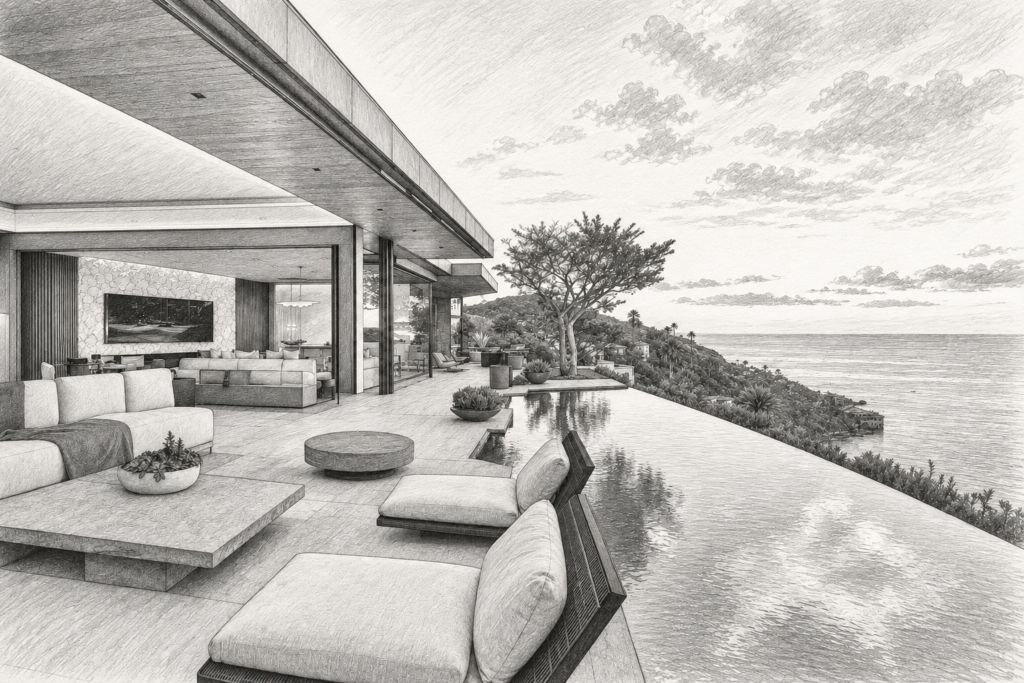 Agent Ownership Coaching Luxury Real Estate: Scale Without Drag 1 Open-plan living room opening to a pool and water view.