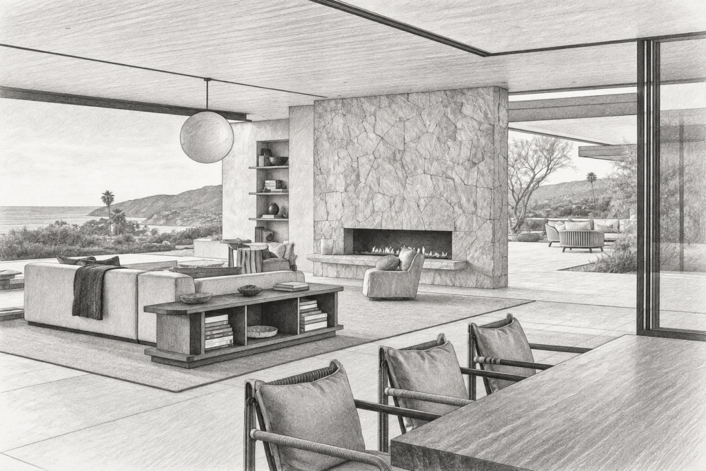 Luxury Real Estate Objection Handling Strategies That Scale 1 Open-plan living room with fireplace and water view.