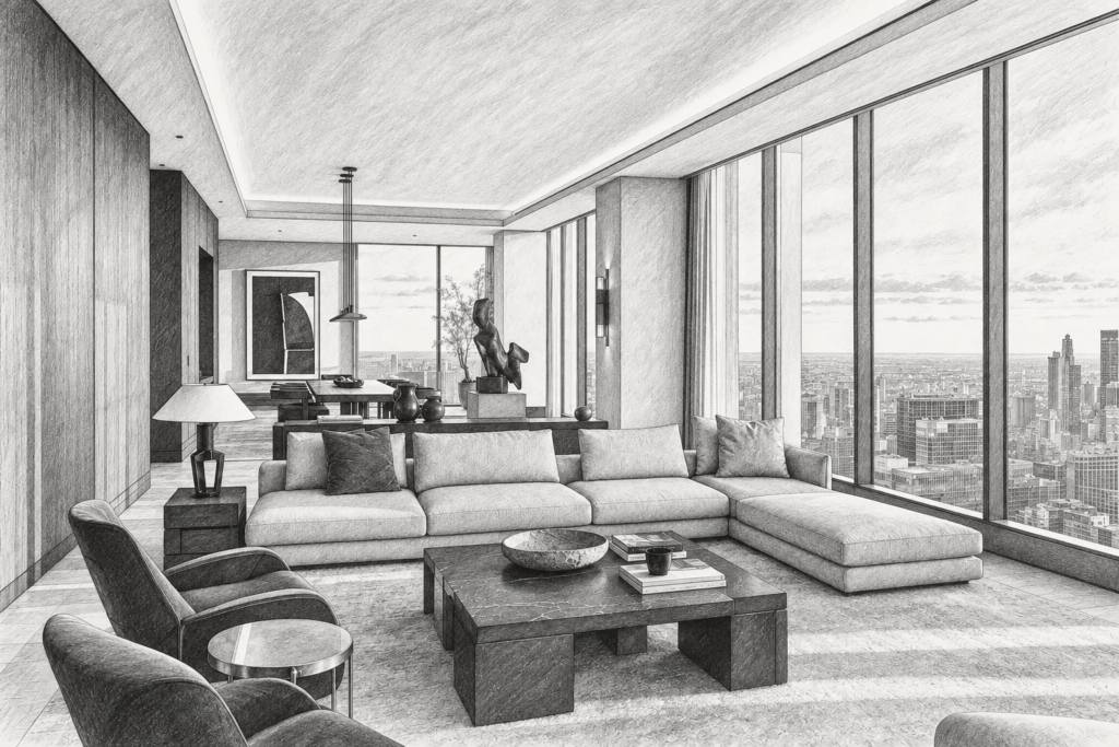 Open living room with sofas and broad glazing toward a city view.