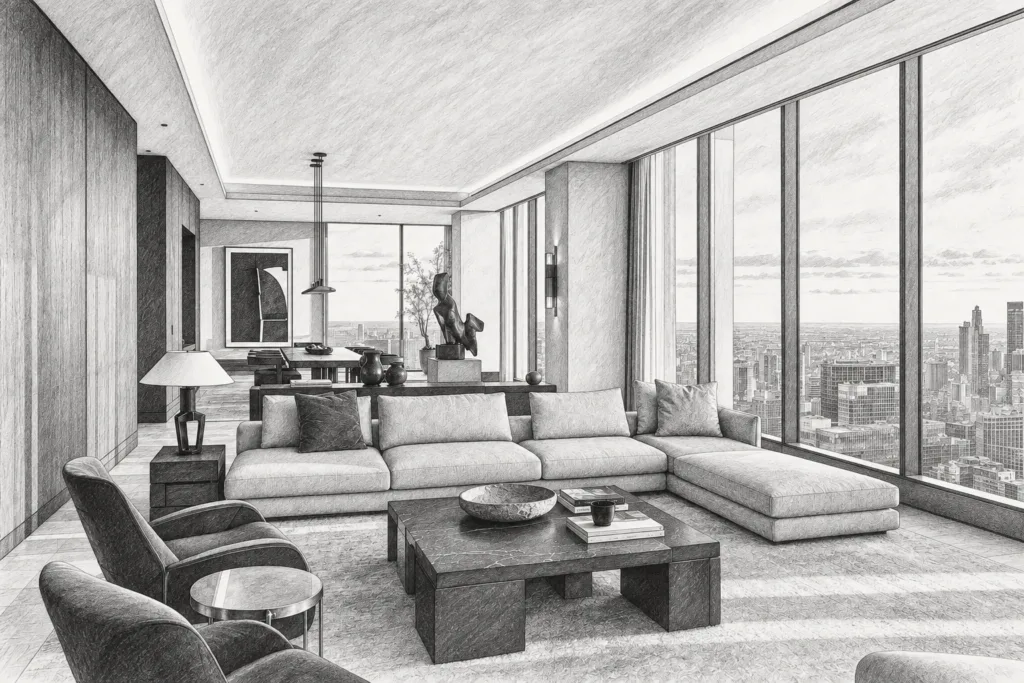 Luxury Real Estate Team Opportunity Mix Optimization Before Volume Shifts 1 Open living room with sofas and broad glazing toward a city view.