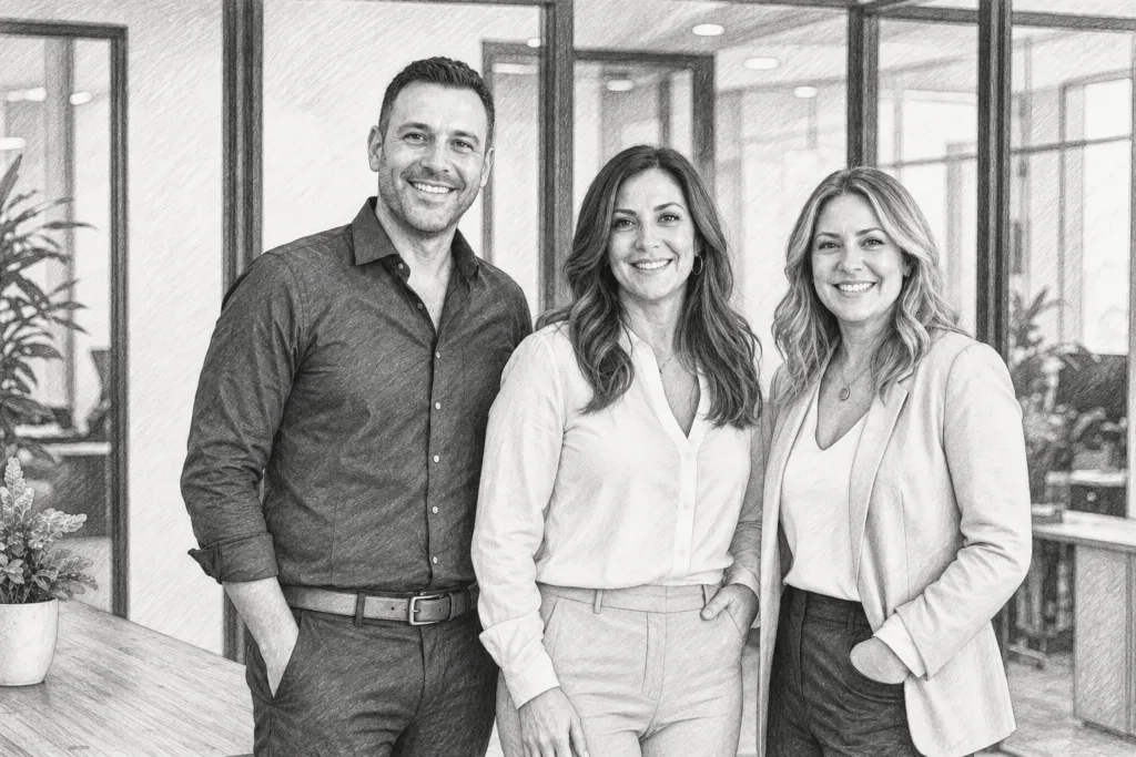 Three adults standing together in a bright interior.