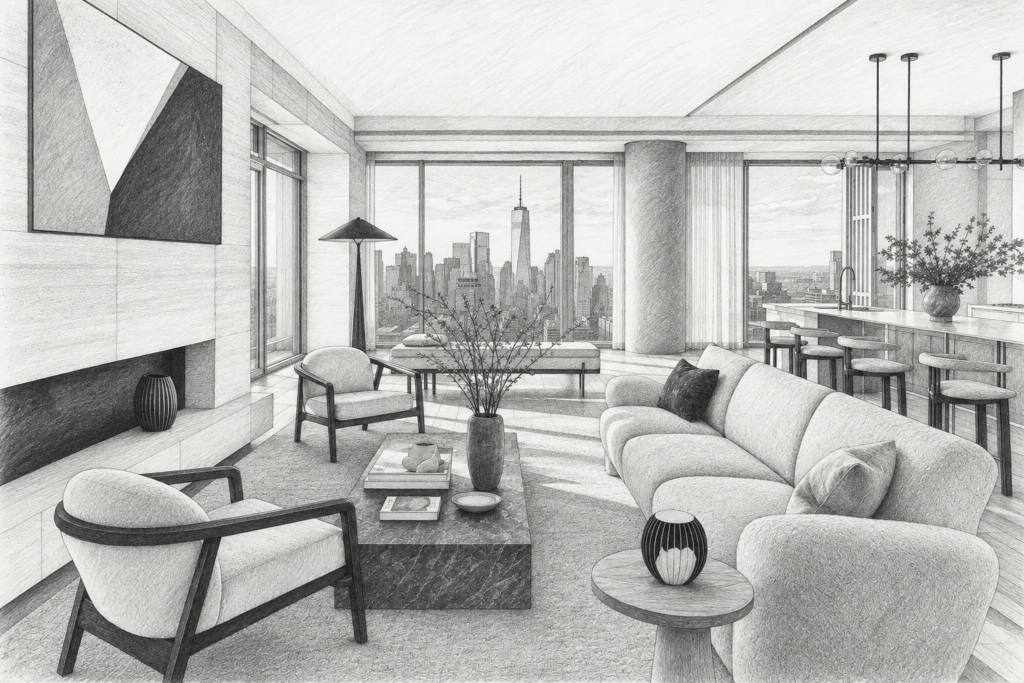 Accountability Vs Micromanagement For Luxury Real Estate Teams 1 Open living room with seating and ocean view.