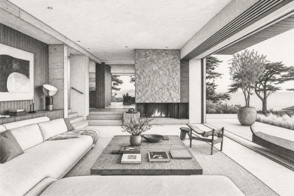 Luxury Real Estate Client Feedback Systems For Elite Teams 1 Open-plan living room with fireplace and water view.