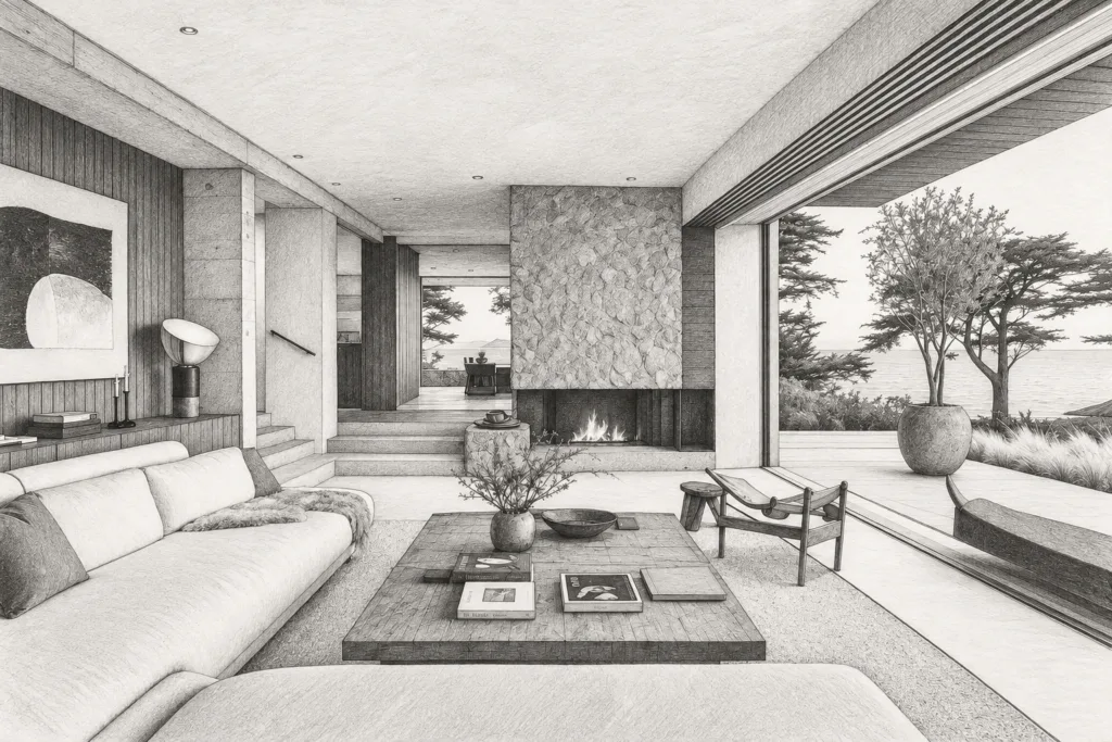Luxury Real Estate Client Feedback Systems For Elite Teams 1 Open-plan living room with fireplace and water view.