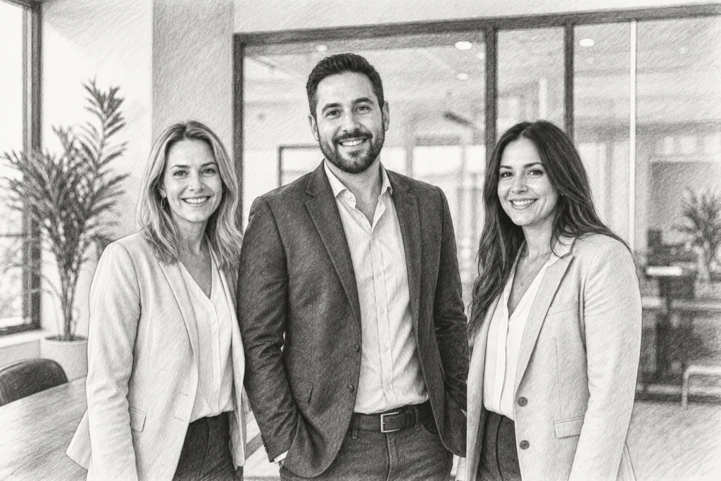 Sustainable Production Levels Real Estate Agents Can Scale 1 Three adults standing together indoors.