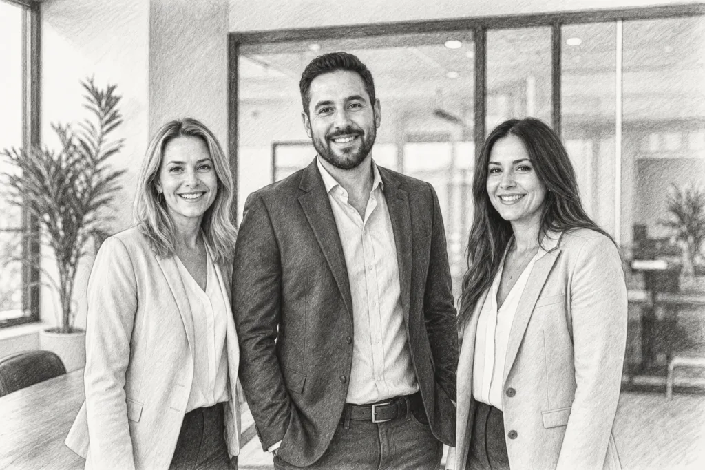 Three adults standing together indoors.