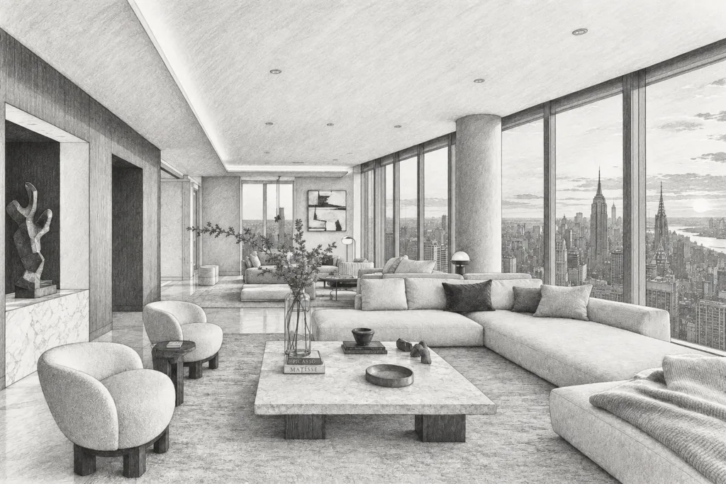 Lost Listing Debrief Framework: 3X Close Rates 1 Open-plan living room with fireplace and water view.