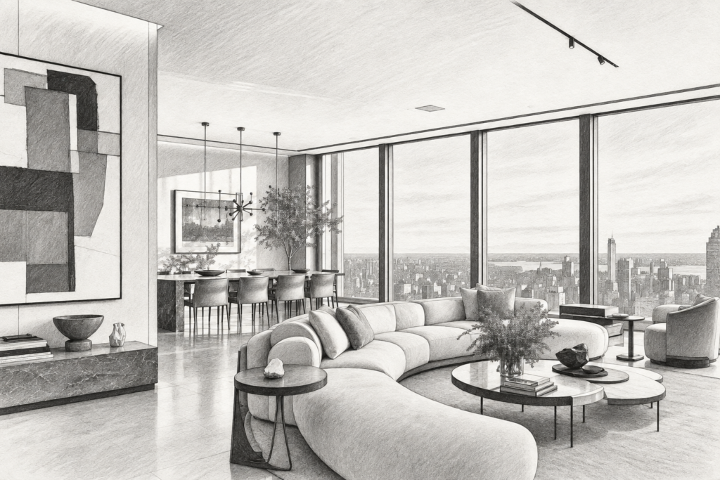 Open-plan living room with city skyline through glass walls.