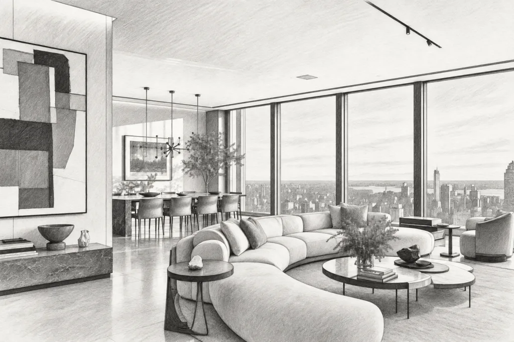 Luxury Seller Expectation Resetting Strategy For Pricing Discipline 1 Open-plan living room with city skyline through glass walls.