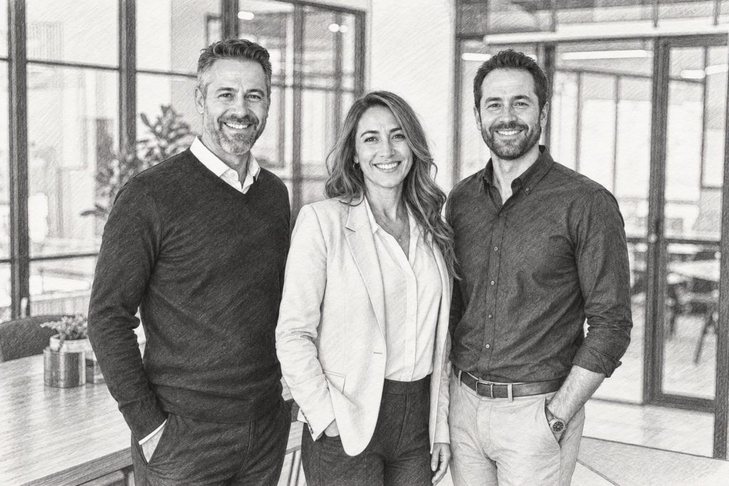 Three professionals standing together in a bright interior.