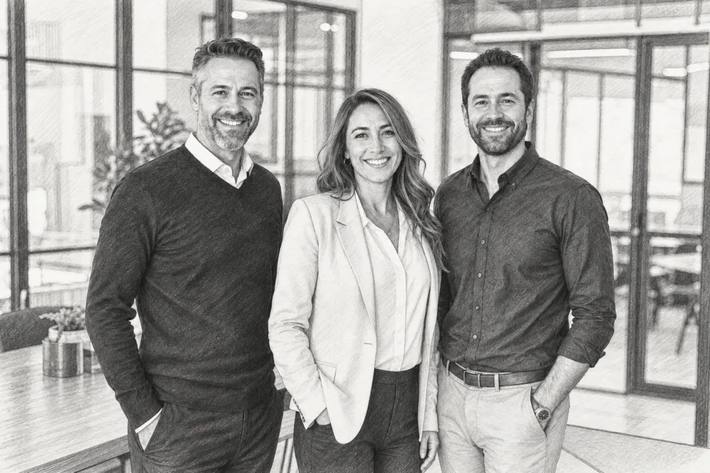 Three professionals standing together in a bright interior.