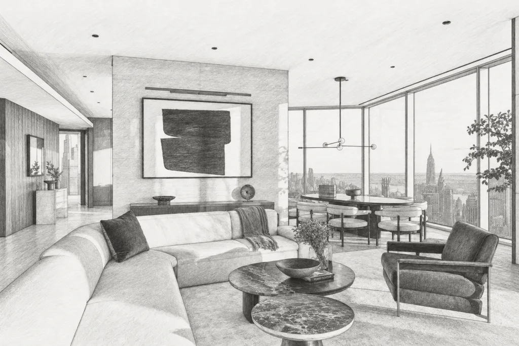 Open living room with seating and broad glazing toward a city view.